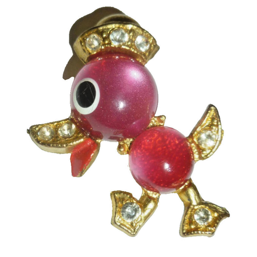 Vintage Pink Red Jelly Belly Duckling Brooch Rhinestone Gold Tone Bird Pin